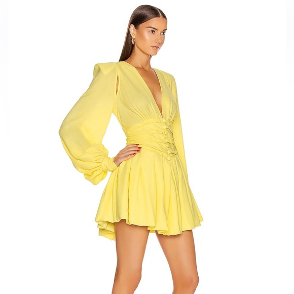 Attico Pale Yellow Long Sleeve Ruched Mini Dress IT38 - Picture 2 of 8